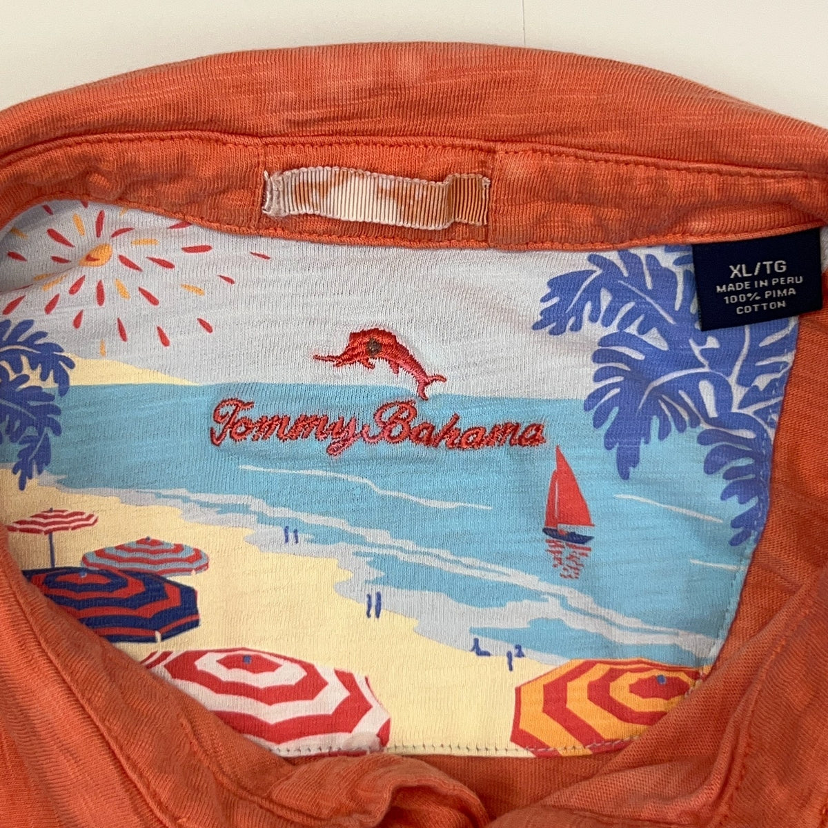 Tommy Bahama Orange Pima Cotton Polo Shirt XL X-Large Short Sleeve Bleach Dye