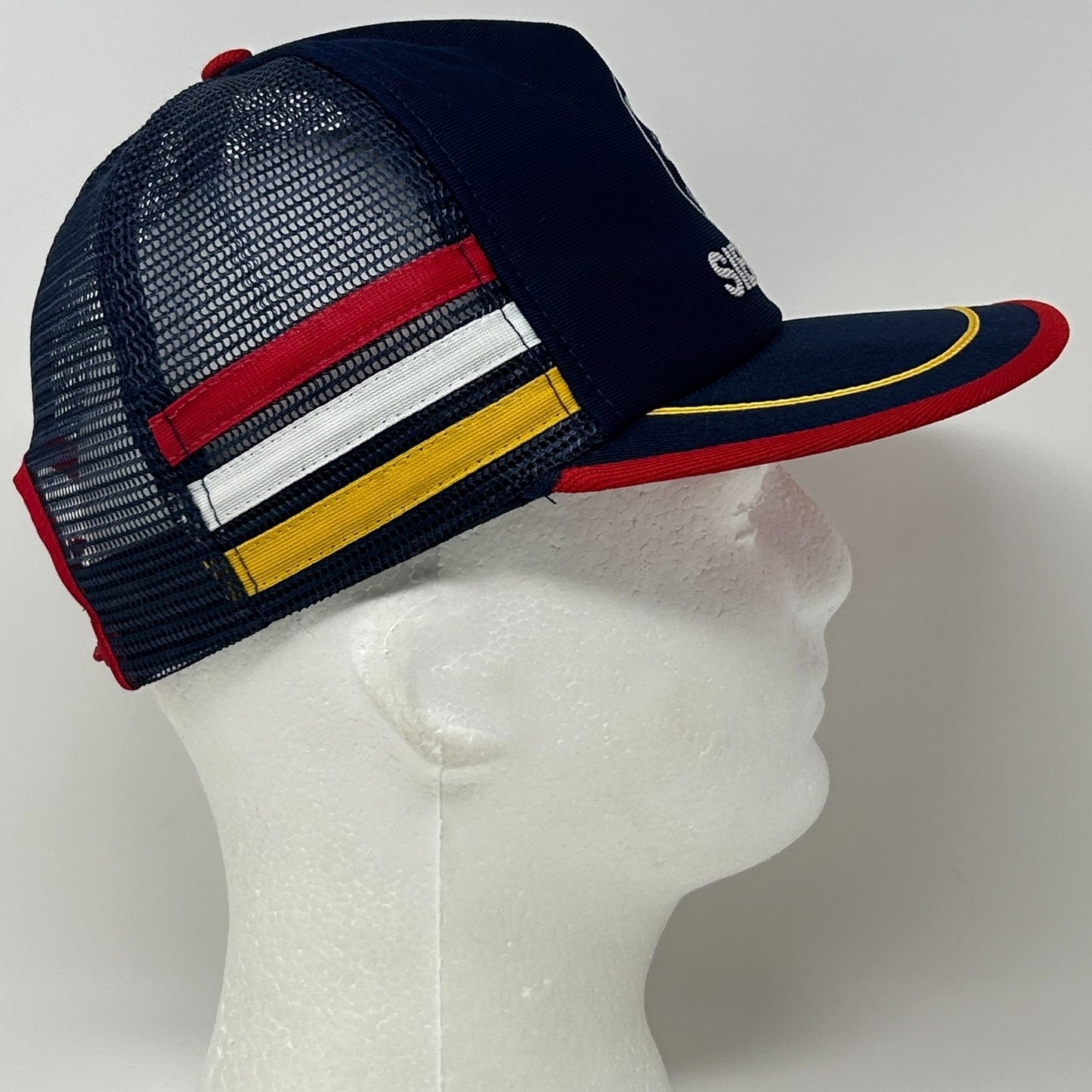 Vintage Siemens RFE 3 Stripe Trucker Hat Cap Blue 80s Mesh Snapback 5 Panel USA