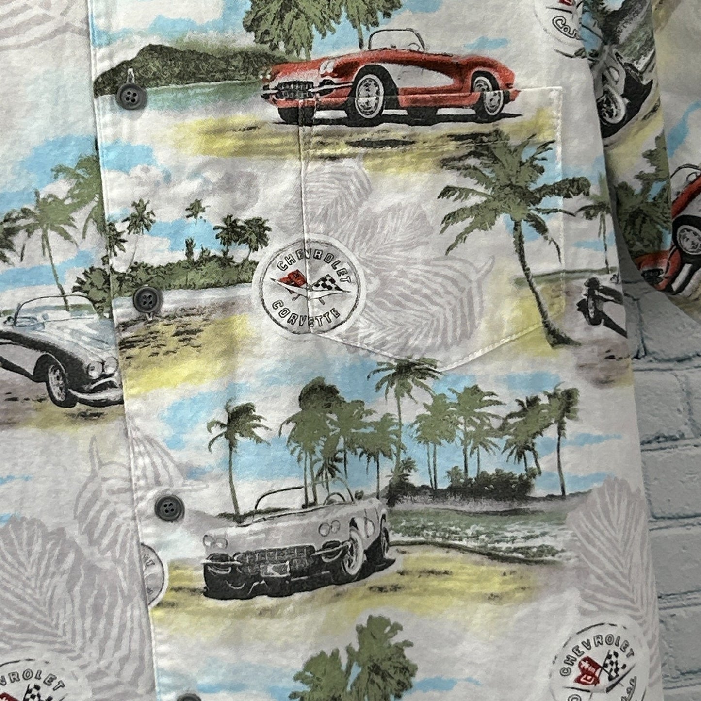 Chevrolet Corvette Hawaiian Camp Shirt C1 Button Up Newport Blue Beige L Large