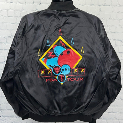 Vintage 90s PBA Tour Satin Jacket Bowling Bowler Made In USA Black 2XL XXL