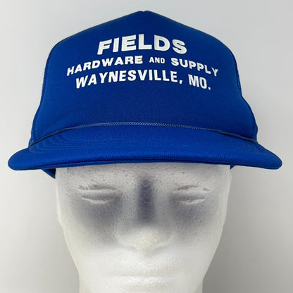 Vintage 80s Fields Hardware Trucker Hat Baseball Cap Waynesville Snapback Blue