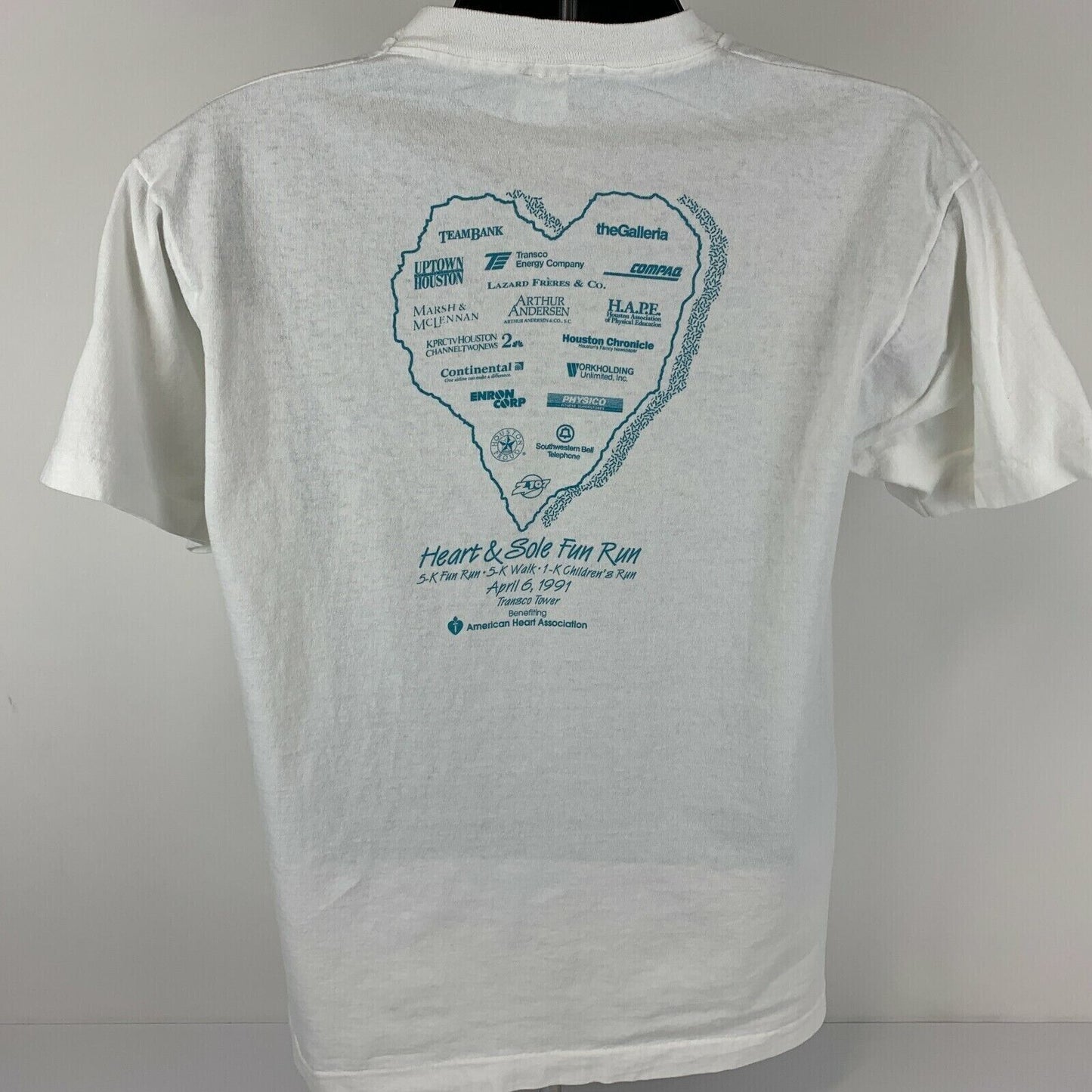 Camiseta Fun Run Vintage de los años 90 de Heart &amp; Sole, talla grande, para hombre, para correr en Houston, Texas, color blanco