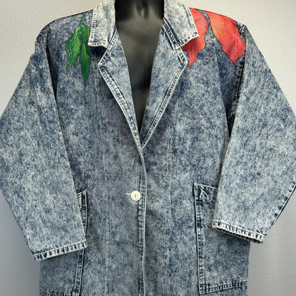 Vintage Parrot Art Womens Denim Trench Coat Medium 80s Bird Jean Jacket Blue