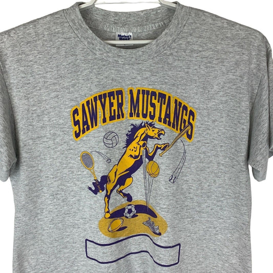 复古 Sawyer Mustangs 学校体育 T 恤 大号 90 年代体育教育 男式 灰色