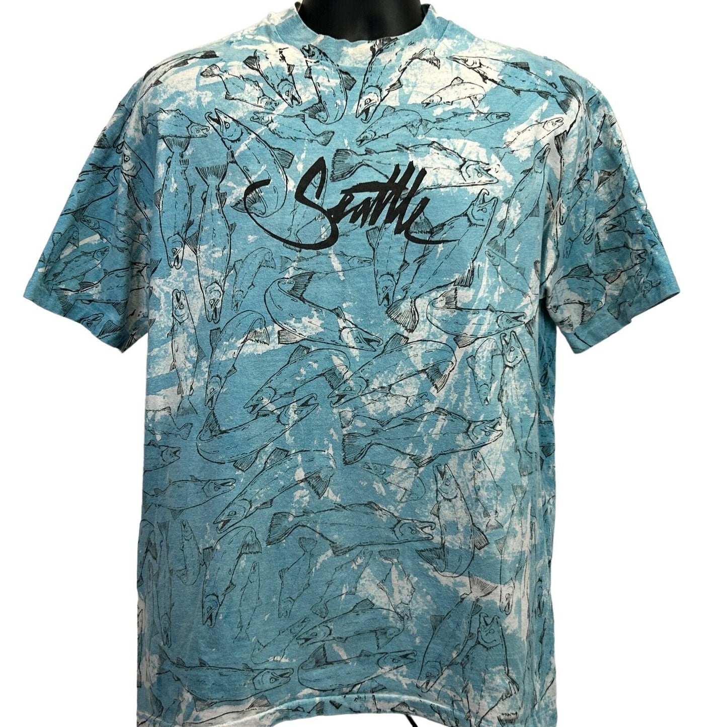 Camiseta vintage de los años 80 con estampado integral de peces de Seattle AOP, camiseta grande para turista, para hombre, azul