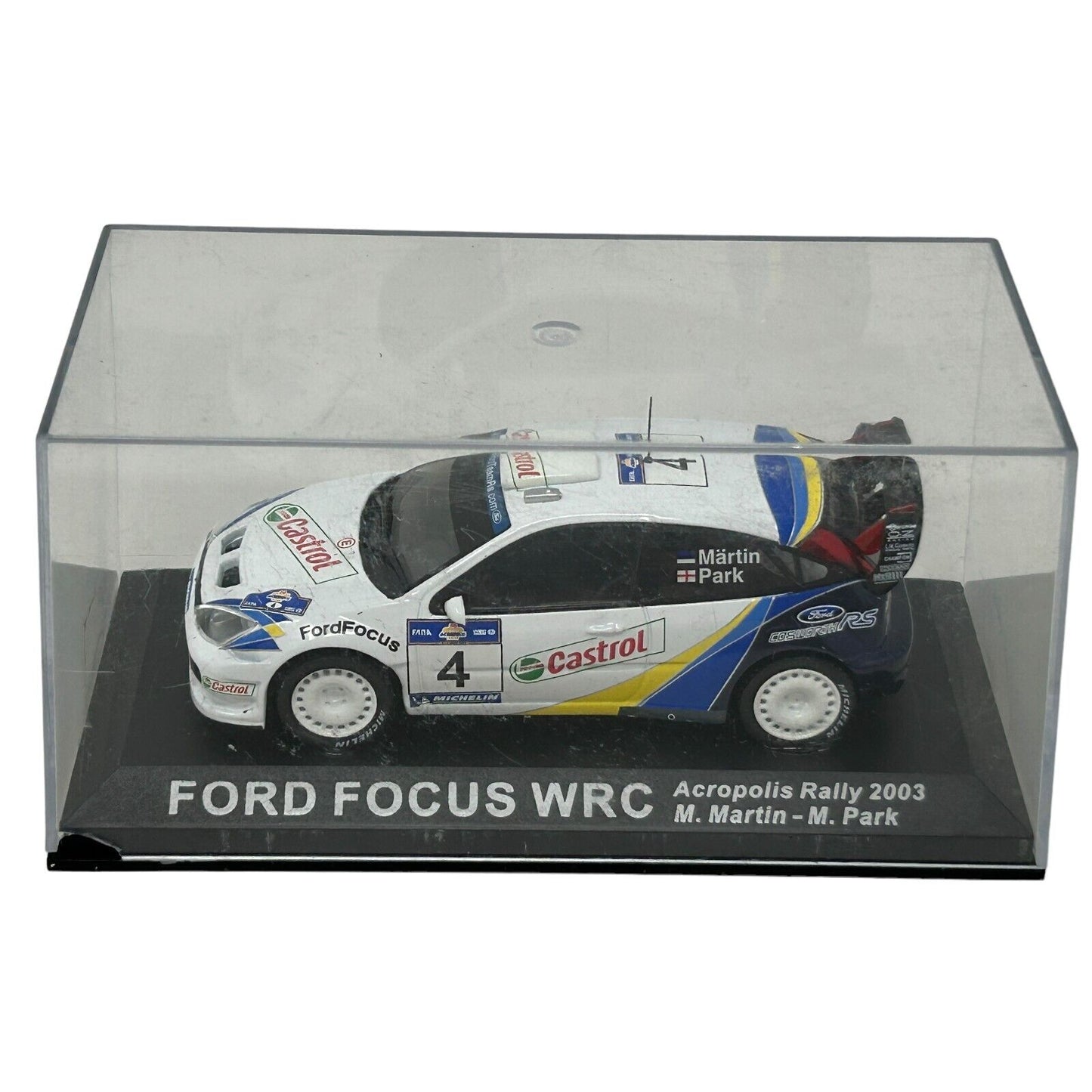 Coche de carreras en miniatura Ford Focus RS WRC Acropolis Rally 2003 en escala 1/43 Altaya White