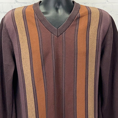 Collectif London Sweater Mens XL X-Large Brown Orange Stripe V-Neck 70s Retro