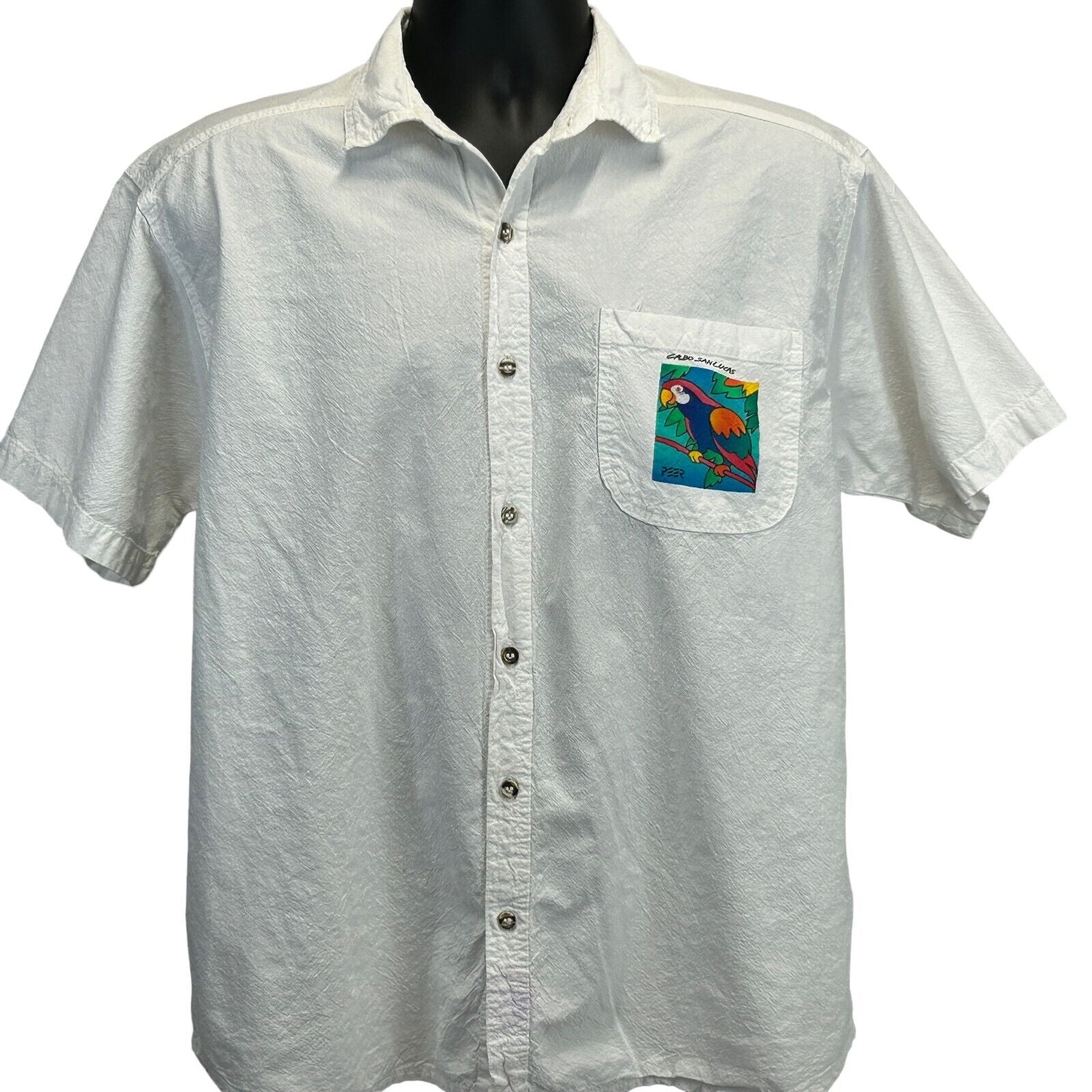 Vintage 90s Cabo San Lucas Parrot Button Front Shirt Mens M Medium White Mexico Vintage 90s Cabo San Lucas Parrot Button Front Shirt Mens M Medium White Mexico