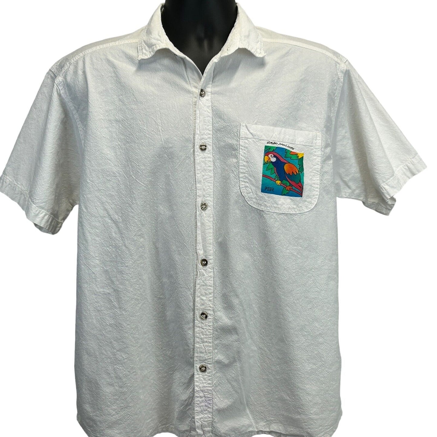 Cabo San Lucas Mexico Parrot Vintage Button Front Shirt Medium 90s Mens White