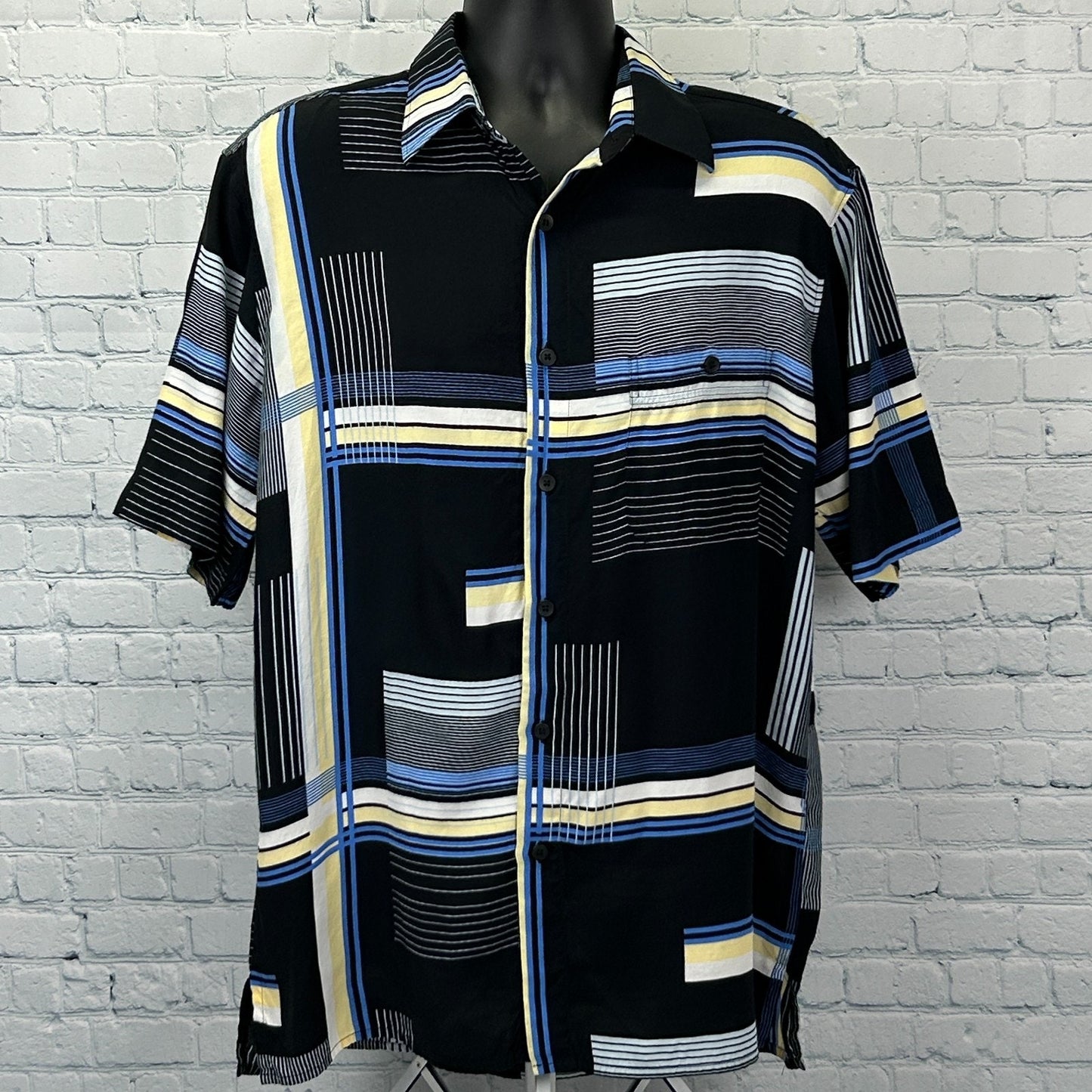 Vintage 90s Georg Roth of Germany Button Front Shirt Black Geometric L Large - Neon Vintage