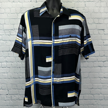 Vintage 90s Georg Roth of Germany Button Front Shirt Black Geometric L Large - Neon Vintage