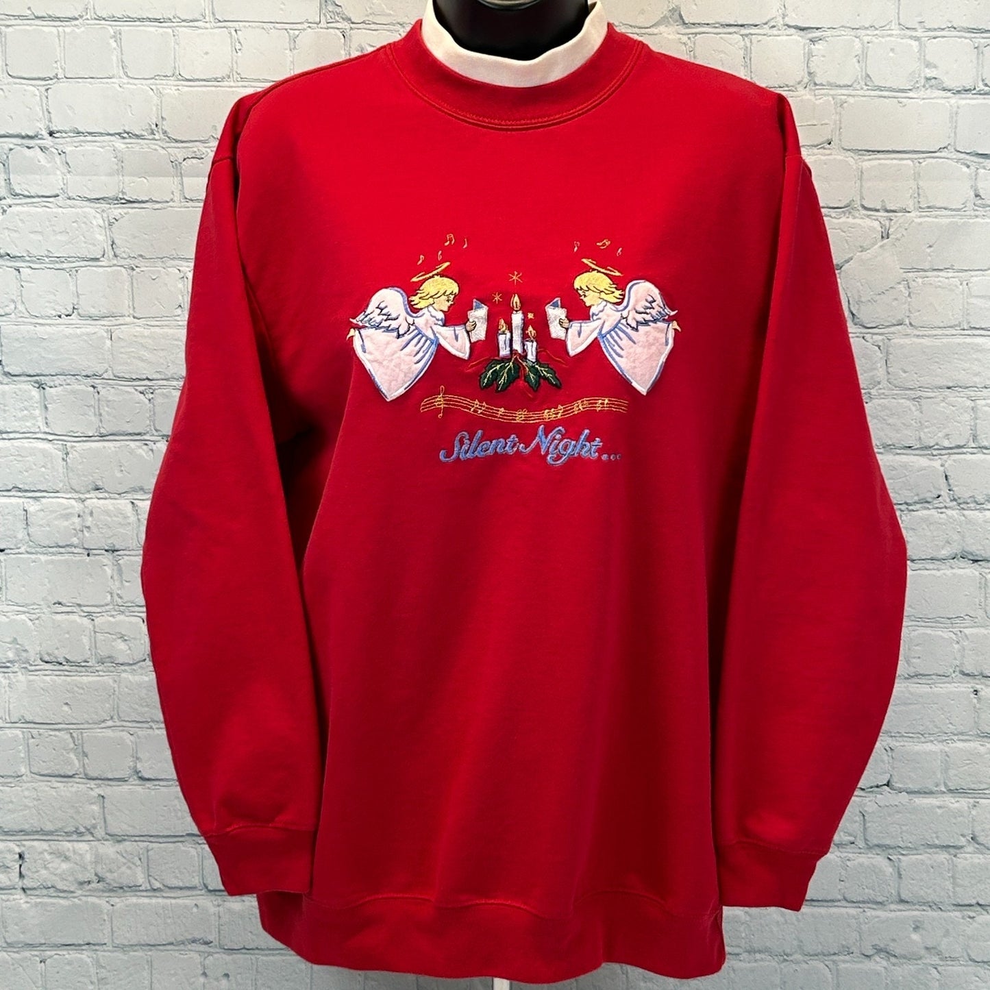 Vintage 90s Silent Night Cute Christmas Sweater Sweatshirt Red Womens M Medium