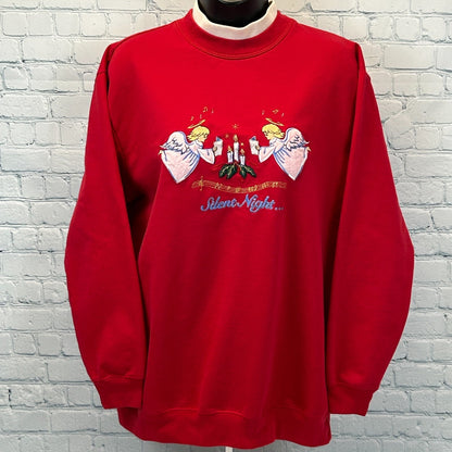 Vintage 90s Silent Night Cute Christmas Sweater Sweatshirt Red Womens M Medium