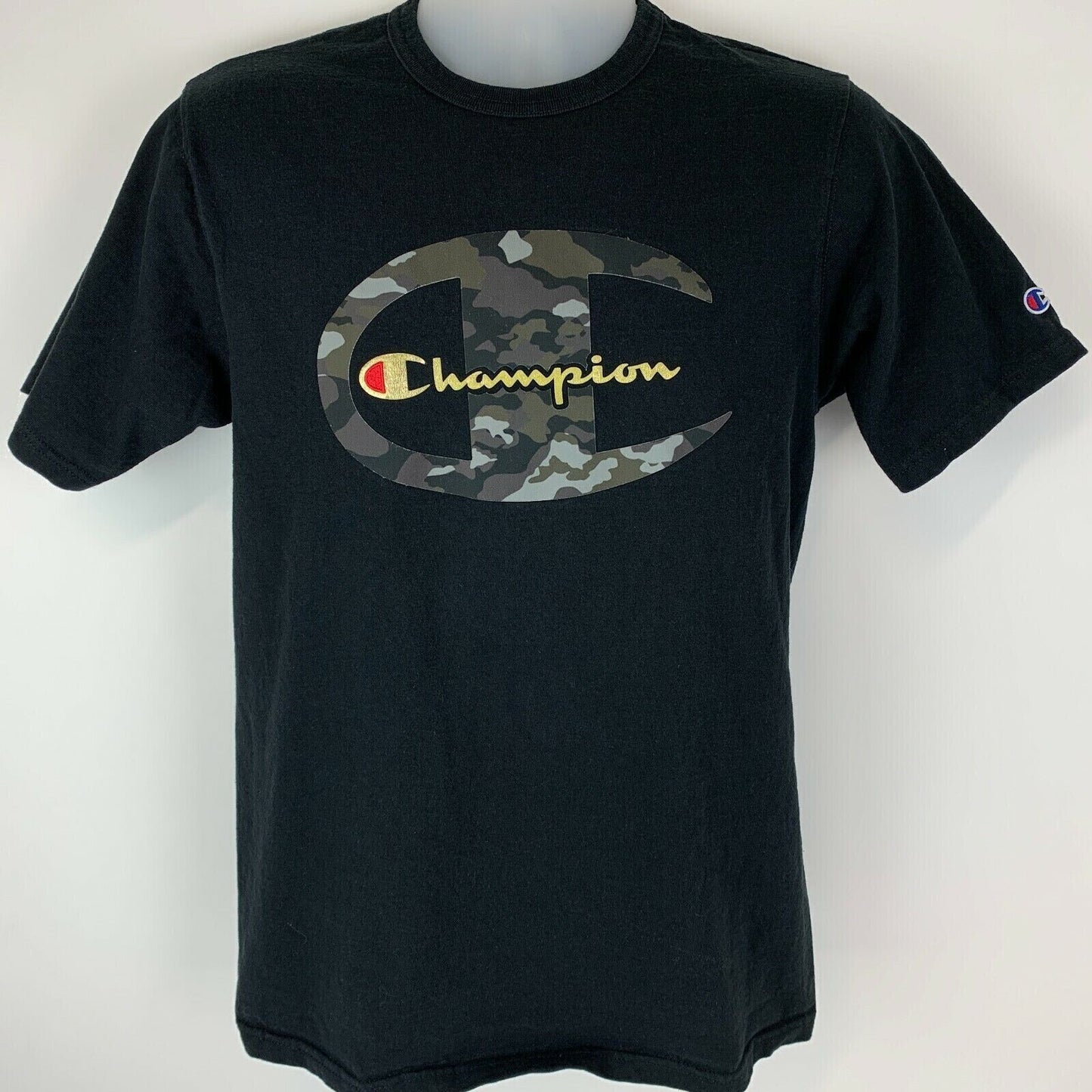 Champion Camouflage T Shirt Medium Big Logo Camo Crew Neck Streetwear Mens Black