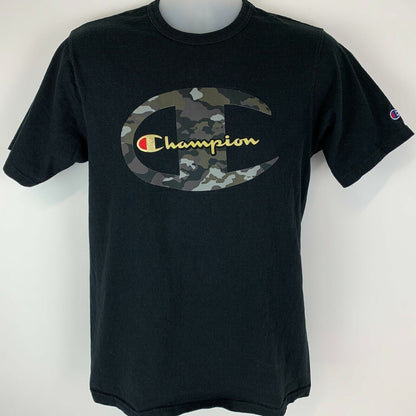 Champion 迷彩 T 恤 中号 大徽标迷彩圆领 街头服饰 男式 黑色