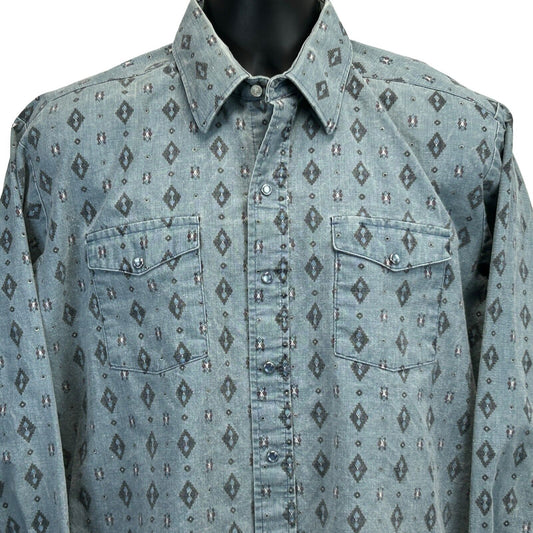 Panhandle Slim Aztec Vintage 90s Pearl Snap Shirt Large Western Cowboy Mens Blue