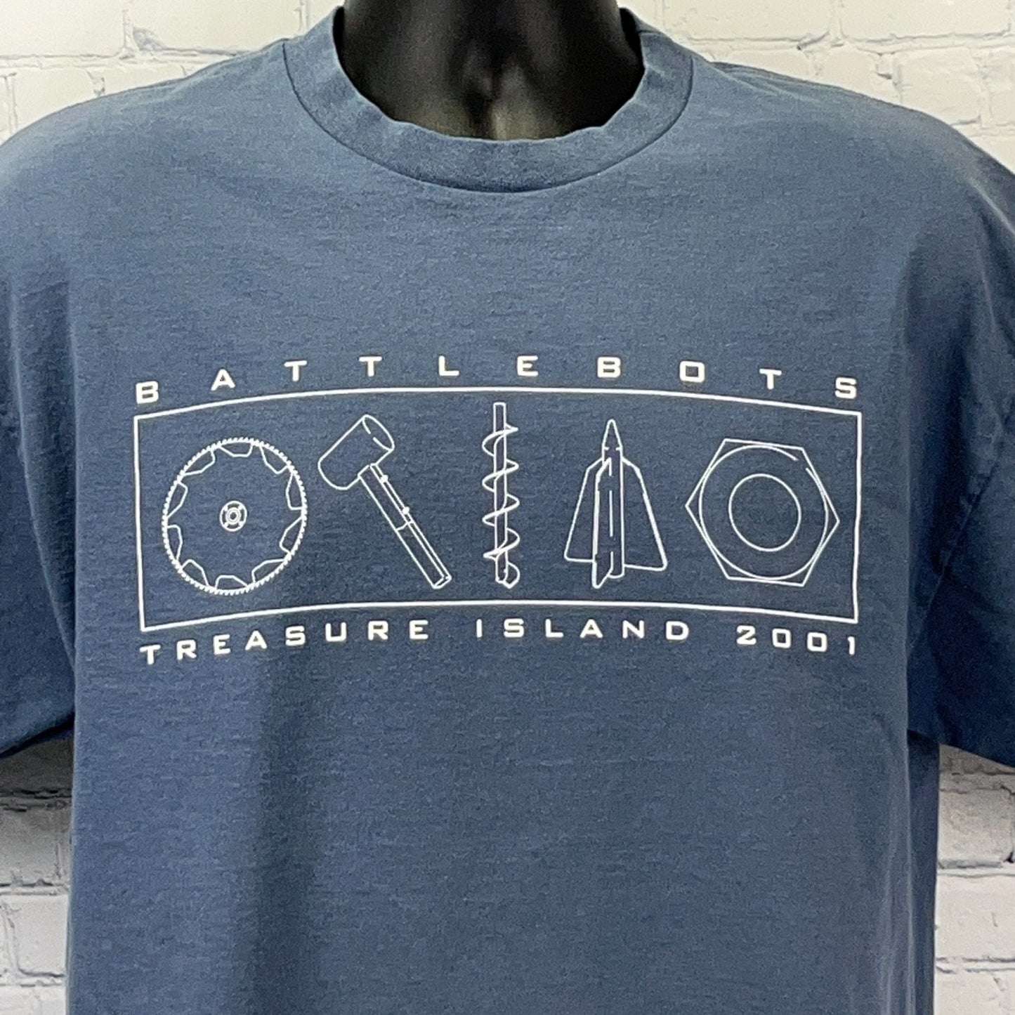 Vintage Battlebots 2001 Hammered Screwed T Shirt Treasure Island Blue L Large