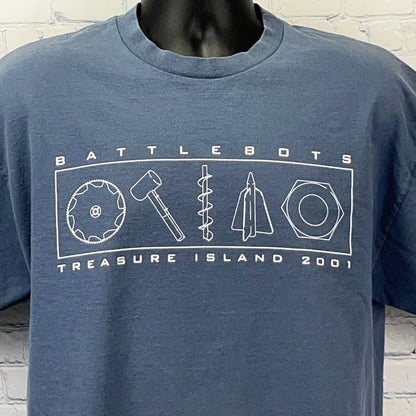 Vintage Battlebots 2001 Hammered Screwed T Shirt Treasure Island Blue L Large