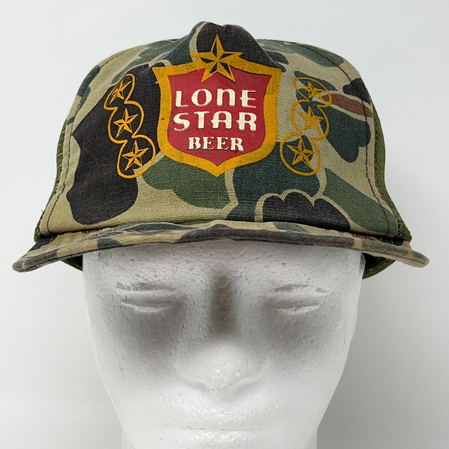 Vintage 80s Lone Star Beer Trucker Hat Baseball Cap Camouflage Snapback Green
