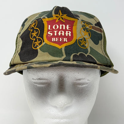 Vintage 80s Lone Star Beer Trucker Hat Baseball Cap Camouflage Snapback Green