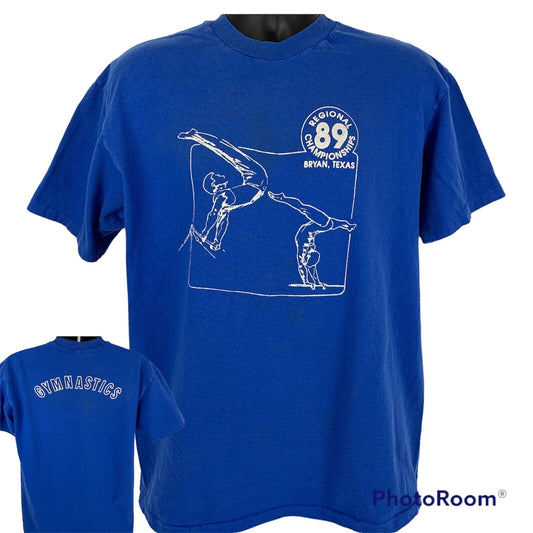 Gymnastics Championships Vintage 80s T Shirt Large Bryan Texas USA Mens Blue