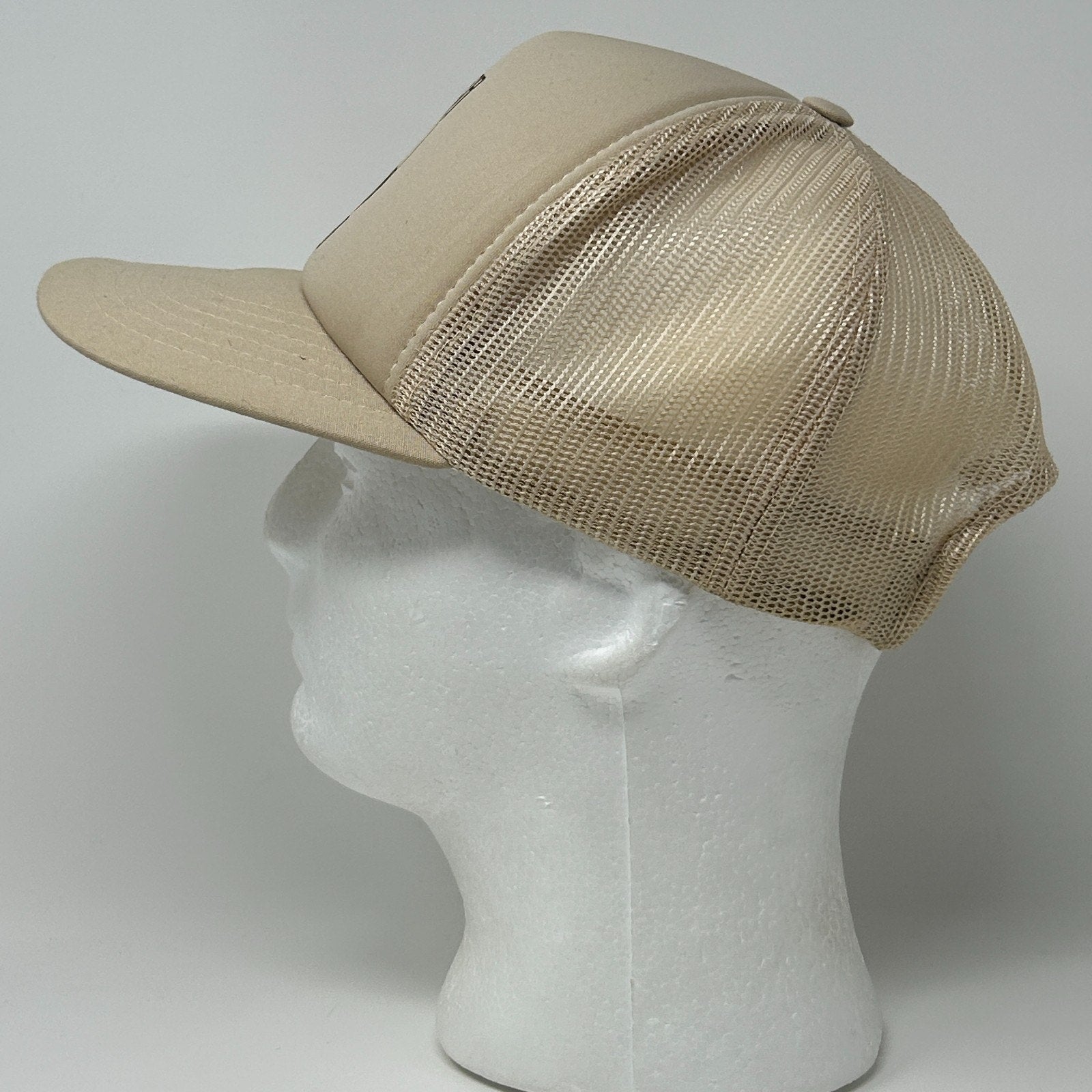 Vintage 80s Frontier Flaked Feed Trucker Hat Baseball Cap Farmer Beige Snapback - Neon Vintage