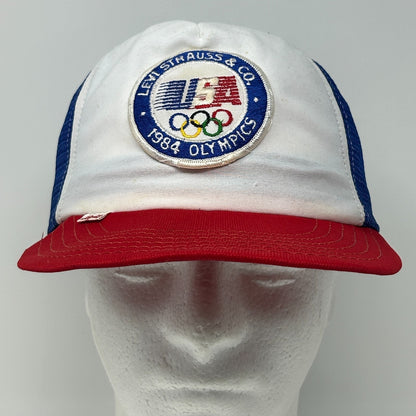 Vintage 80s Levi Strauss 1984 Olympics Trucker Hat Cap Blue Levis Mesh Snapback