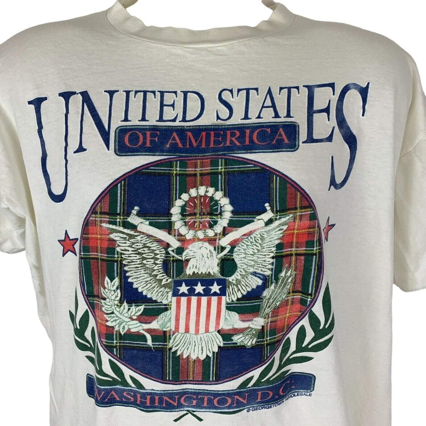 Distressed Washington DC Vintage 90s T Shirt Large Scottish Tartan Mens White