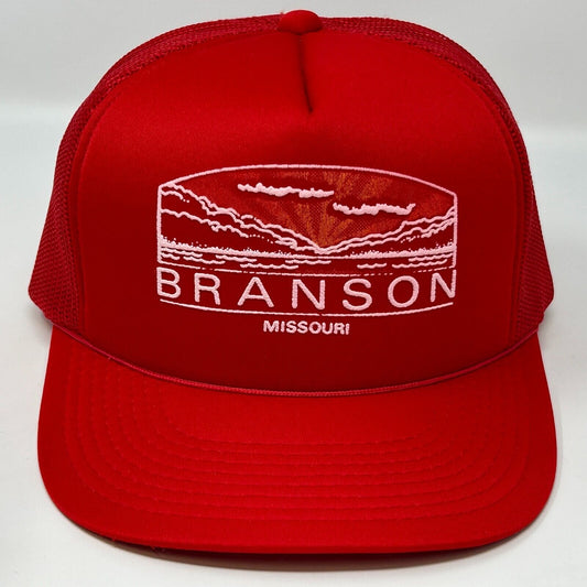 Vintage 80s 90s Branson Missouri Trucker Hat Baseball Cap Red Mesh Snapback