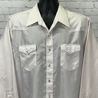 Vintage 80s Wrangler Western Pearl Snap Shirt 2XL XXL 18x35 USA White Red Stripe