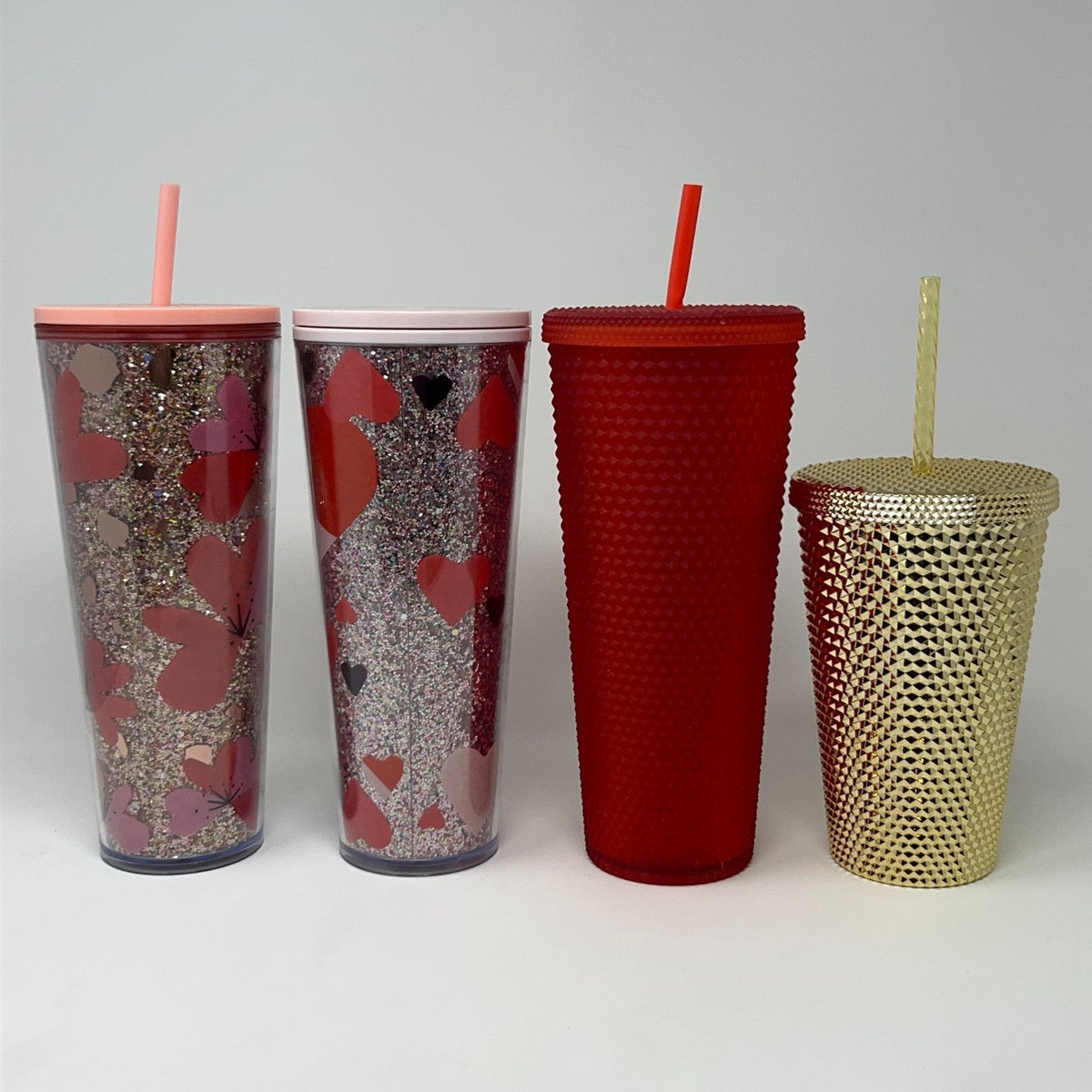 Lot of 4 Starbucks Cold Cup Tumblers Studded Gold Red Glitter Hearts Flowers Set