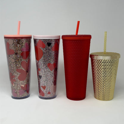 Lot of 4 Starbucks Cold Cup Tumblers Studded Gold Red Glitter Hearts Flowers Set