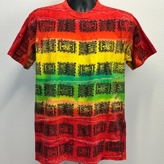 Vintage 90s Tribal Aztec Striped T Shirt Red Tie Dye Mayan African Mens L Large - Neon Vintage