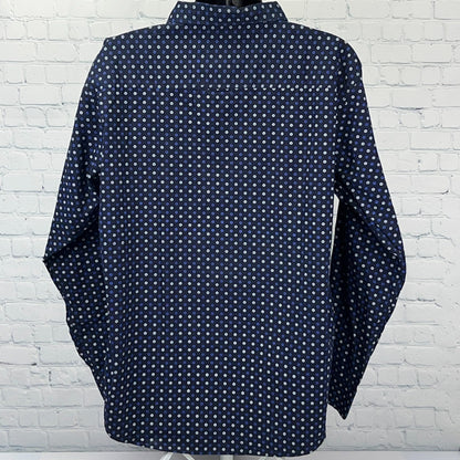 Silver Stone Shirt 3X 3XL Navy Blue Dot Pattern Button Front Roll Tab Sleeves