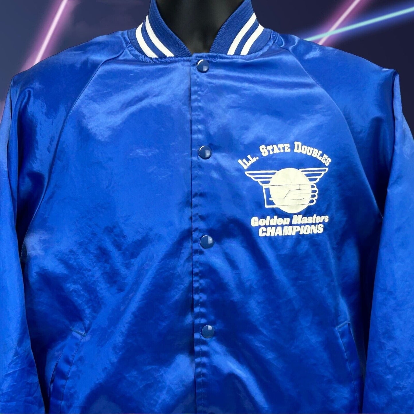 Vintage Illinois State Handball Champions Satin Jacket Mens X-Large Blue IHA 90s