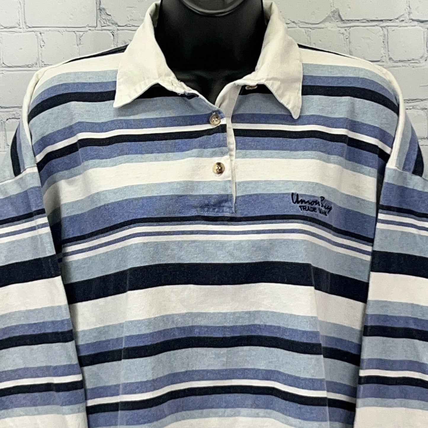 Vintage 90s UNIONBAY Striped Polo Shirt Long Sleeve Blue USA Womens M Medium