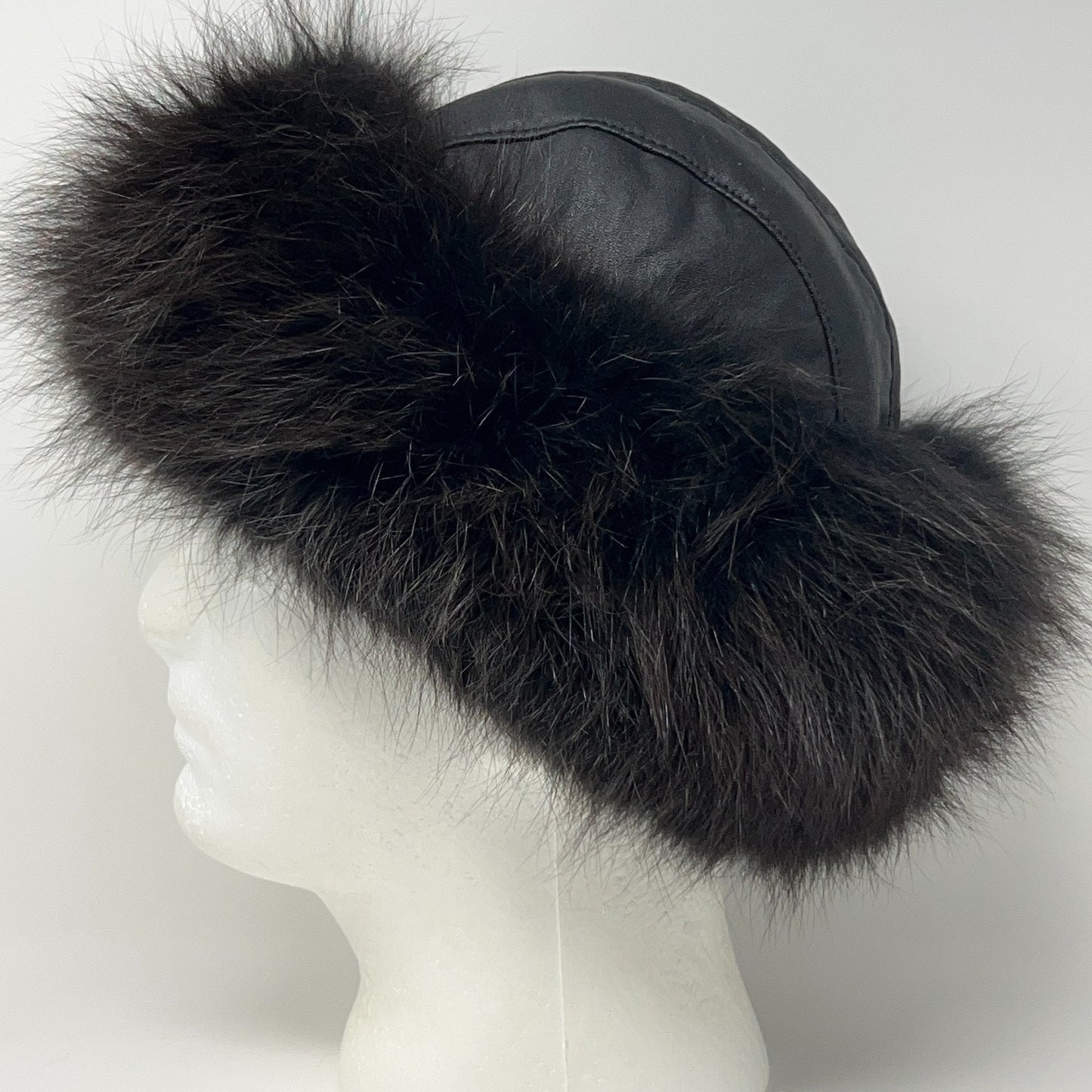 Leather and Fur Mongolian Cossack Roller Hat 59cm Black Brown Quilted Vintage