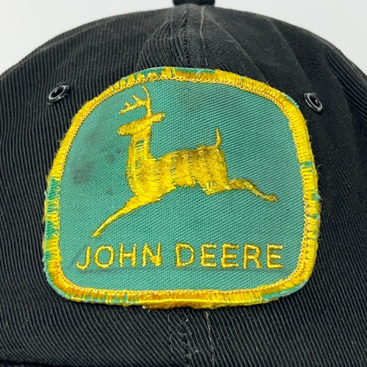 Vintage John Deere Hat Baseball Cap Black USA Made Gold Leaf Tractor Distressed