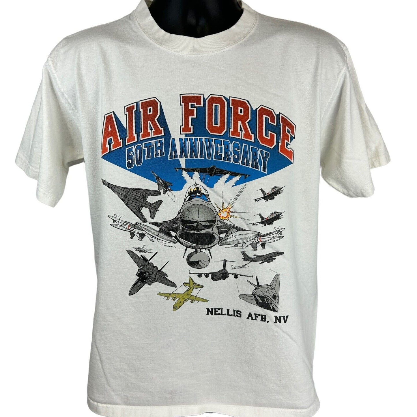 Air Force Nellis AFB Vintage 90s T Shirt Medium 50th USAF NV Base USA Mens White