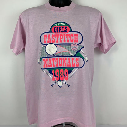 Girls Fastpitch Softball Nationals Vintage 80s T Shirt Large ASA USA Unisex Pink
