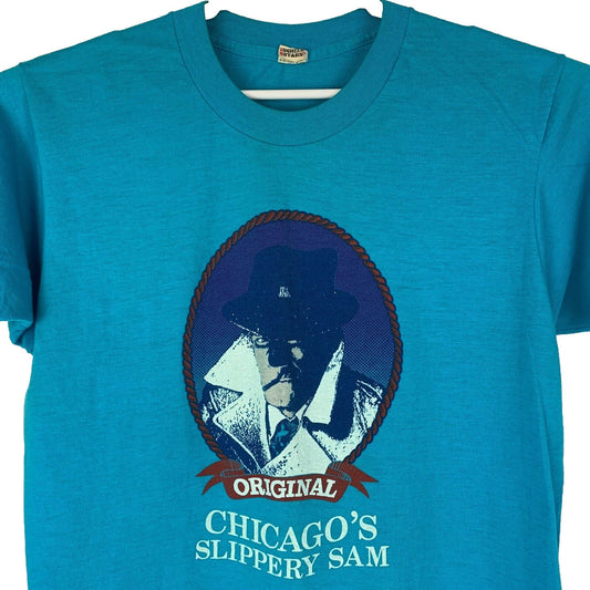 Chicago Slippery Sam Vintage 80s camiseta azul hecha en EE.UU. camiseta gráfica mediana