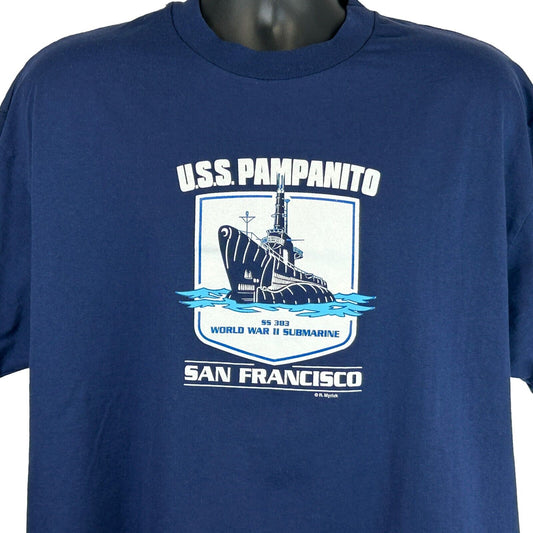 USS Pampanito WWII Submarine Vintage 90s T Shirt X-Large US Navy USA Mens Blue