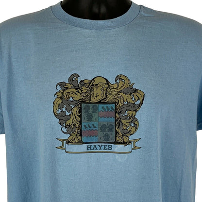 Camiseta vintage de los años 80 con escudo de la familia Hayes, apellido, escudo de armas grande, para hombre, color azul