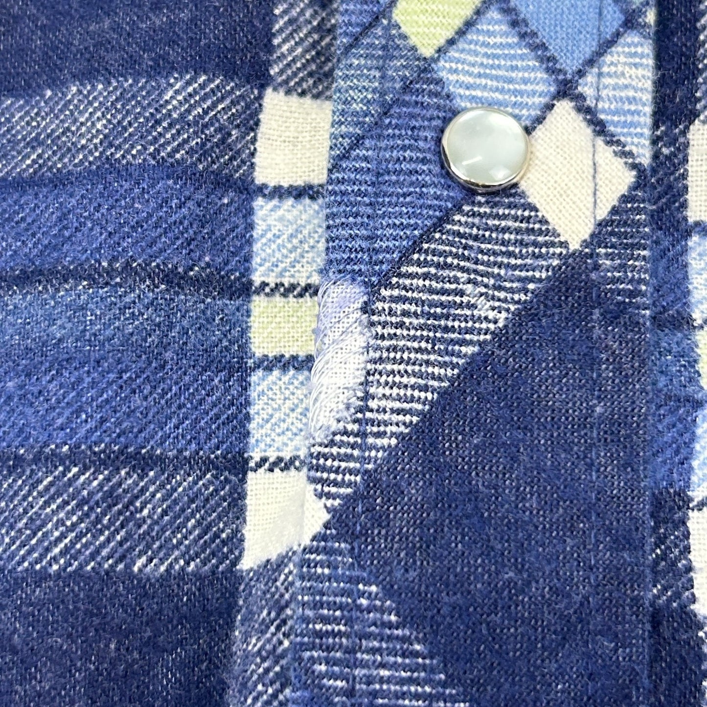 Vintage 70s Sears Western Wear Pearl Snap Flannel Shirt Blue Button Up M Medium