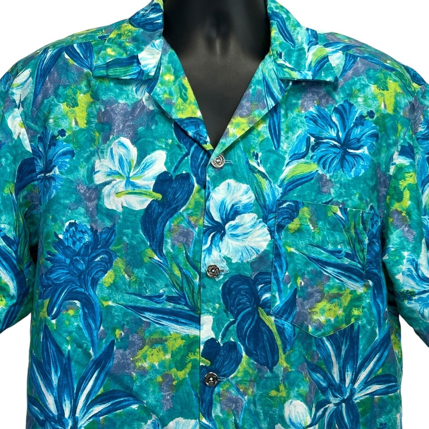 Camisa hawaiana vintage Hale-Emi para hombre con flores grandes, fabricada en EE. UU., color azul