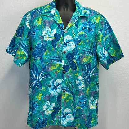 Camisa hawaiana vintage Hale-Emi para hombre con flores grandes, fabricada en EE. UU., color azul