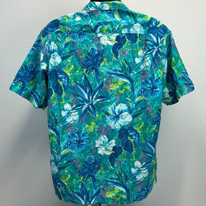 Camisa hawaiana vintage Hale-Emi para hombre con flores grandes, fabricada en EE. UU., color azul