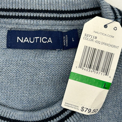 Nautica Crew Neck Sweater Mens Large Long Sleeve Cotton Heathered Light Blue