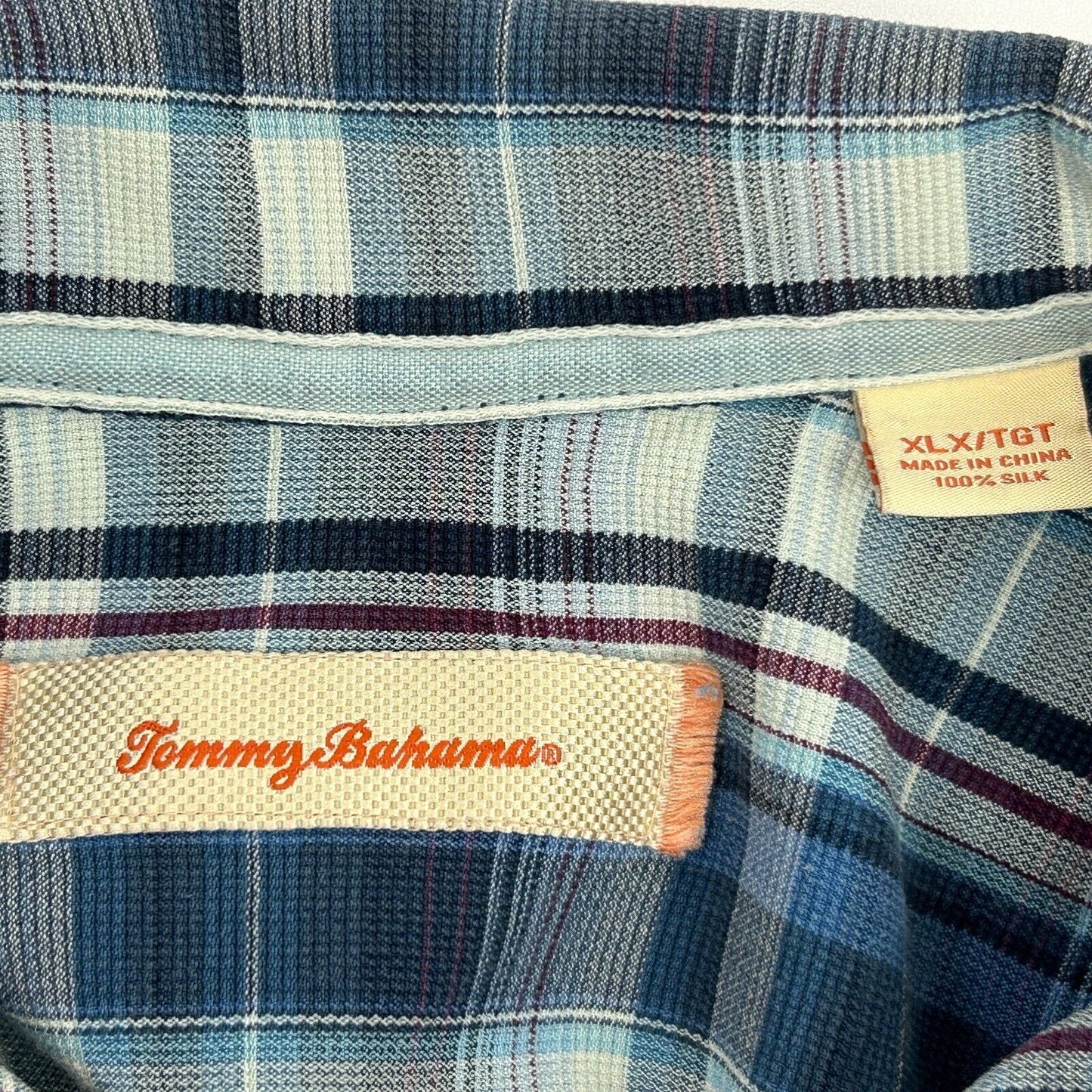 Tommy Bahama Silk Hawaiian Camp Shirt Mens X-Large XLX Blue Plaid Button Front