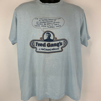 Vintage Fred Gangs Restaurant T Shirt Mens X-Large Houston Made In USA 80s Blue